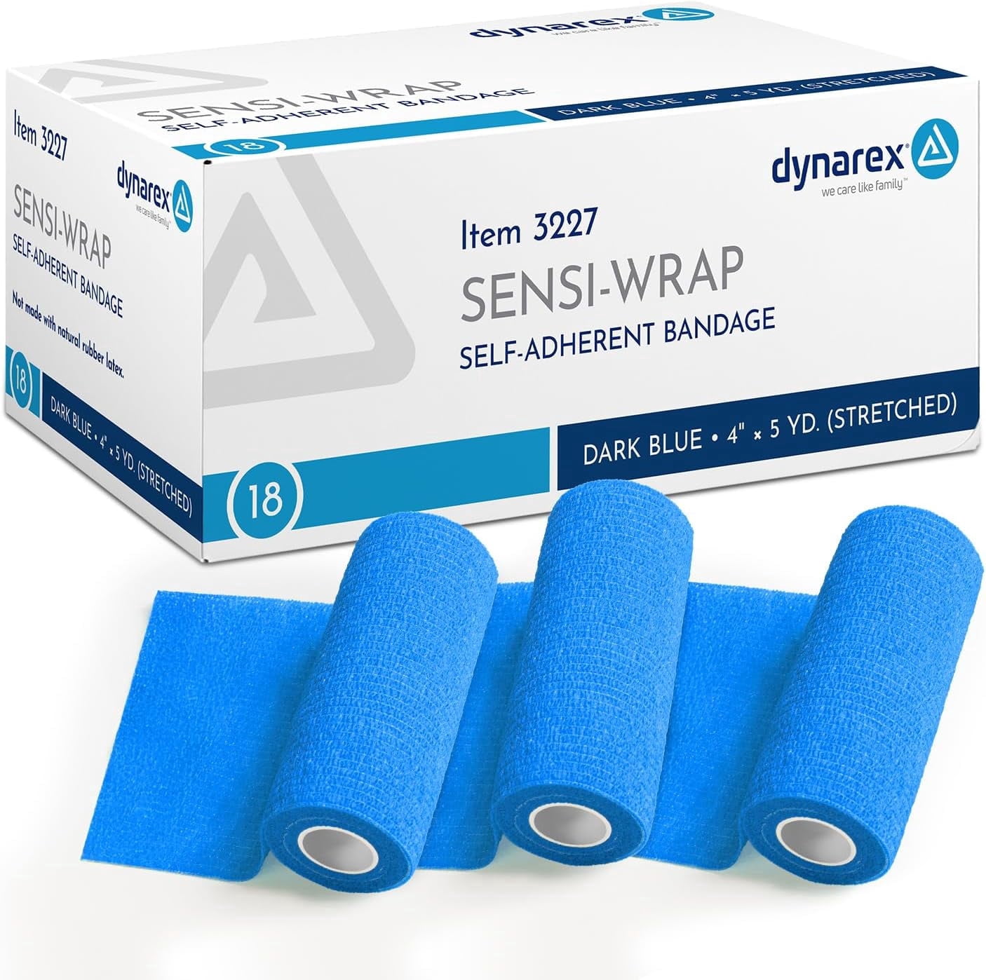 Dynarex Sensi-Wrap Self-Adhesive Bandages, 18-Pack, 4" x 5 yards, Dark Blue, Latex-Free, Colored Elastic Cohesive Athletic Tape, Tattoo Grip & Vet Wrap