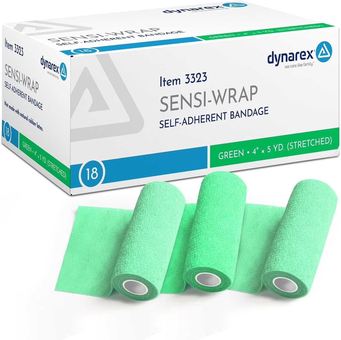 Dynarex Sensi-Wrap Self-Adhesive Bandages, 18-Pack, 4" x 5 yards, Green, Latex-Free, Colored Elastic Cohesive Athletic Tape, Tattoo Grip & Vet Wrap