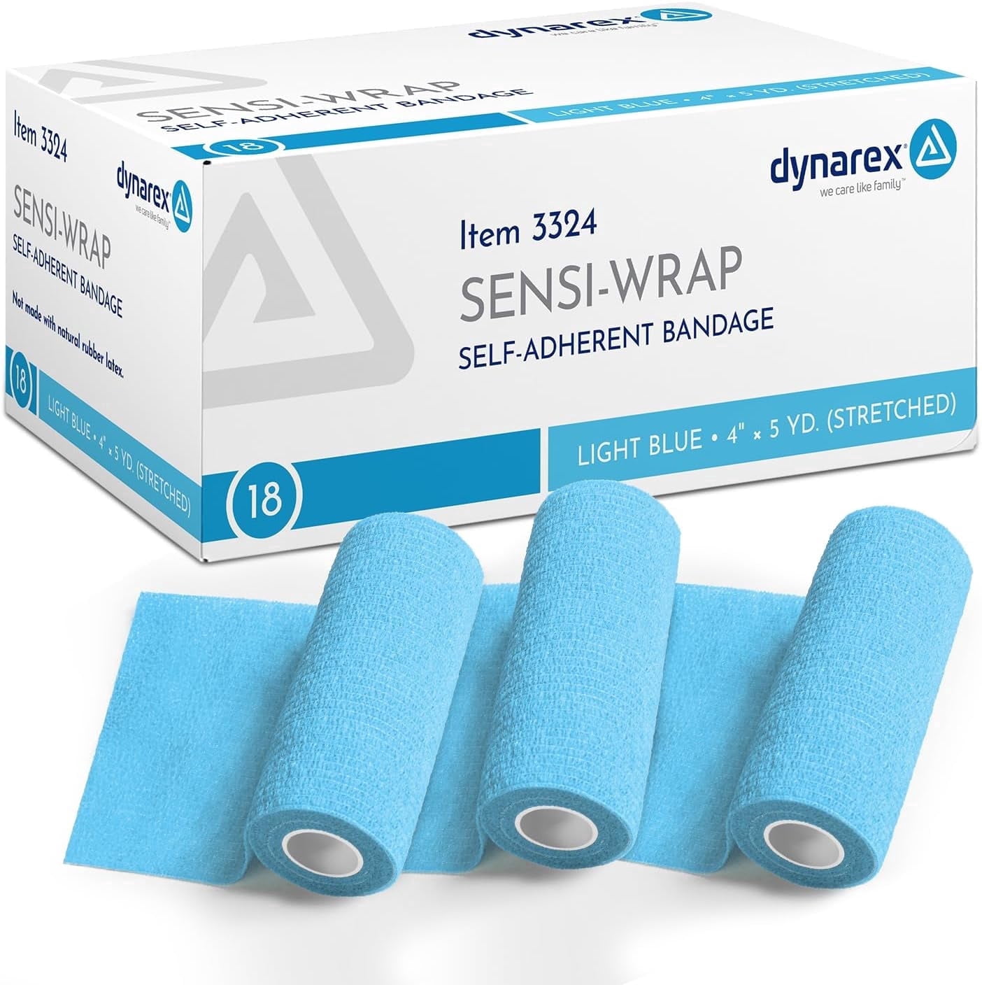 Dynarex Sensi-Wrap Self-Adhesive Bandages, 18-Pack, 4" x 5 yards, Light Blue, Latex-Free, Colored Elastic Cohesive Athletic Tape, Tattoo Grip & Vet Wrap