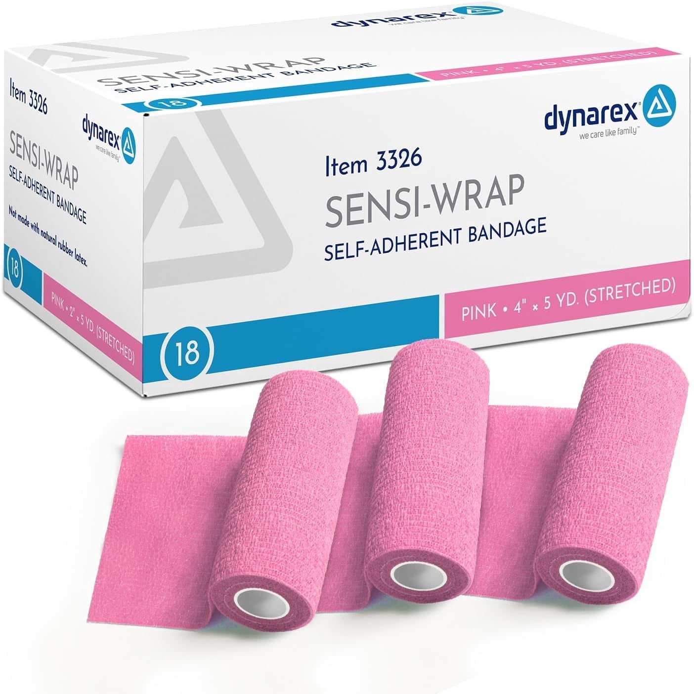 Dynarex Sensi-Wrap Self-Adhesive Bandages, 18-Pack, 4" x 5 yards, Pink, Latex-Free, Colored Elastic Cohesive Athletic Tape, Tattoo Grip & Vet Wrap
