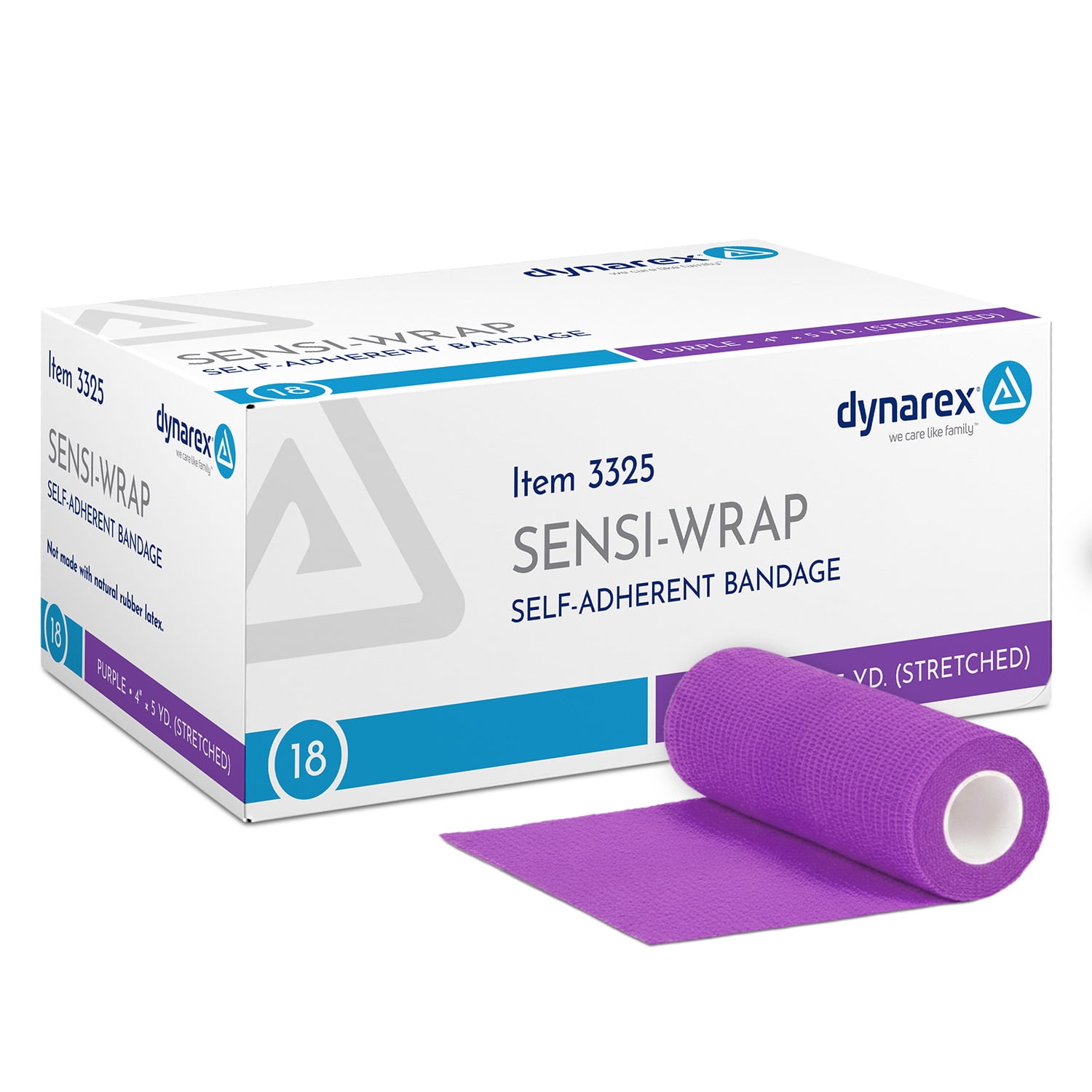 Dynarex Sensi-Wrap Self-Adhesive Bandages, 18-Pack, 4" x 5 yards, Purple, Latex-Free, Colored Elastic Cohesive Athletic Tape, Tattoo Grip & Vet Wrap