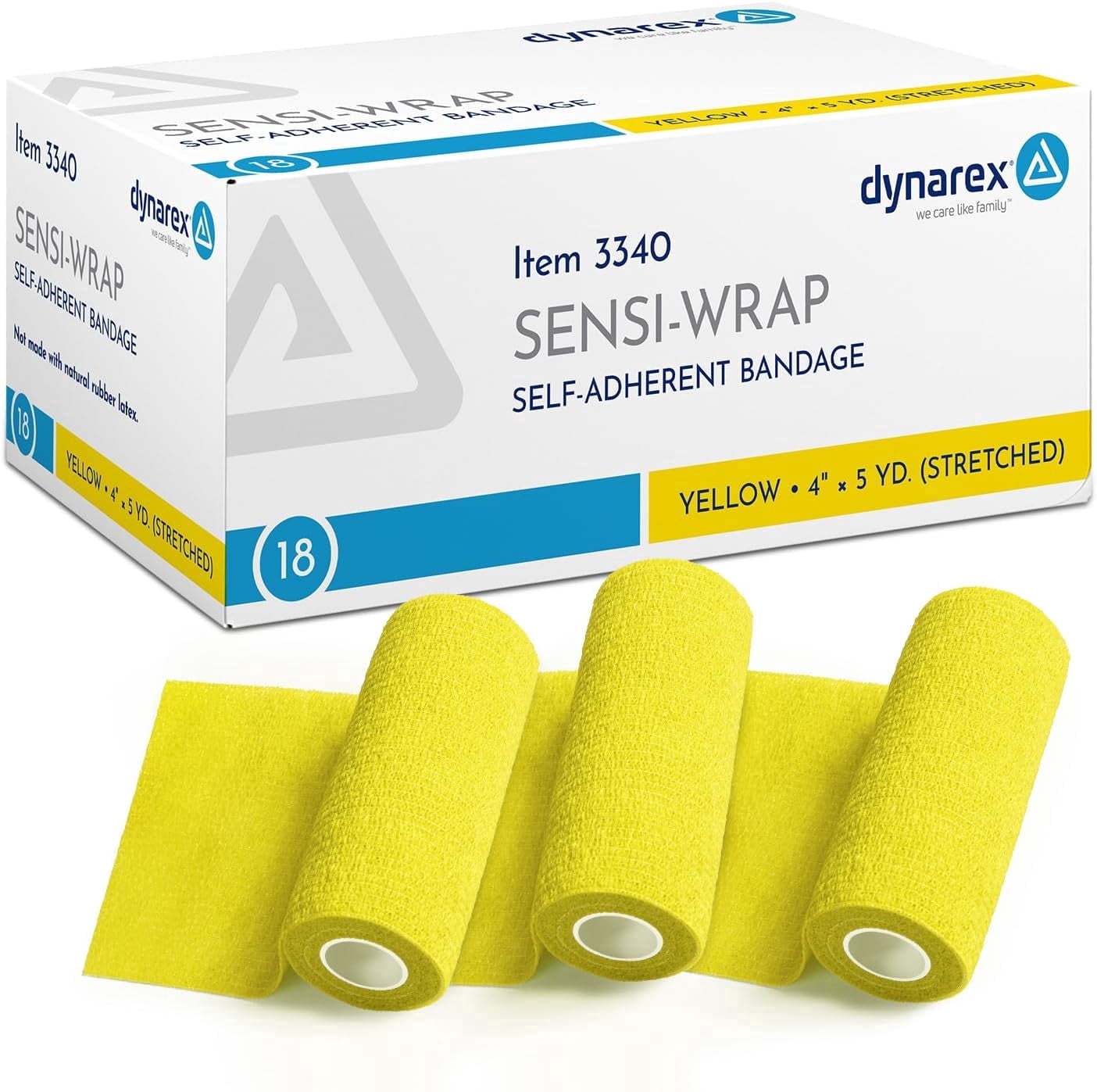 Dynarex Sensi-Wrap Self-Adhesive Bandages, 18-Pack, 4" x 5 yards, Yellow, Latex-Free, Colored Elastic Cohesive Athletic Tape, Tattoo Grip & Vet Wrap