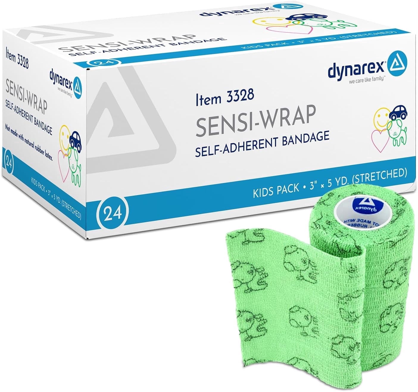 Dynarex Sensi-Wrap Self-Adhesive Bandages, 24-Pack, 3" x 5 yards, Assorted Colors - for Kids, Latex-Free, Colored Elastic Cohesive Athletic Tape, Tattoo Grip & Vet Wrap