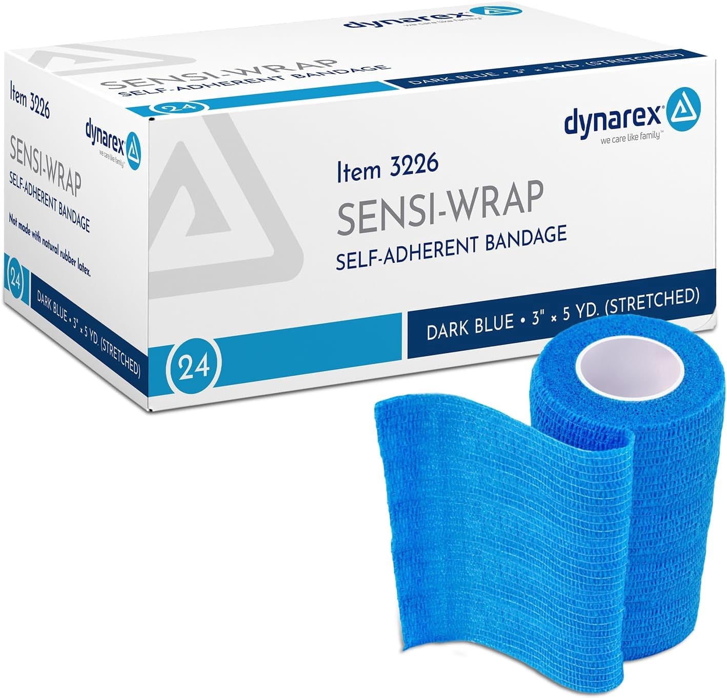Dynarex Sensi-Wrap Self-Adhesive Bandages, 24-Pack, 3" x 5 yards, Dark Blue, Latex-Free, Colored Elastic Cohesive Athletic Tape, Tattoo Grip & Vet Wrap