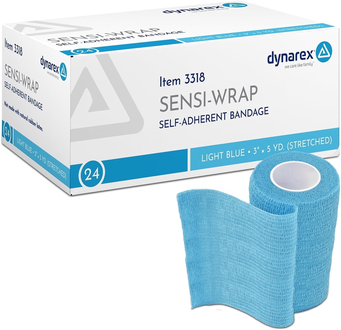 Dynarex Sensi-Wrap Self-Adhesive Bandages, 24-Pack, 3" x 5 yards, Light Blue, Latex-Free, Colored Elastic Cohesive Athletic Tape, Tattoo Grip & Vet Wrap
