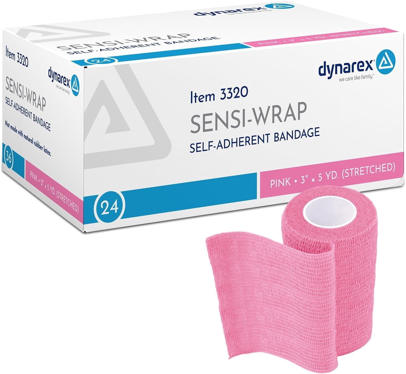 Dynarex Sensi-Wrap Self-Adhesive Bandages, 24-Pack, 3" x 5 yards, Pink, Latex-Free, Colored Elastic Cohesive Athletic Tape, Tattoo Grip & Vet Wrap