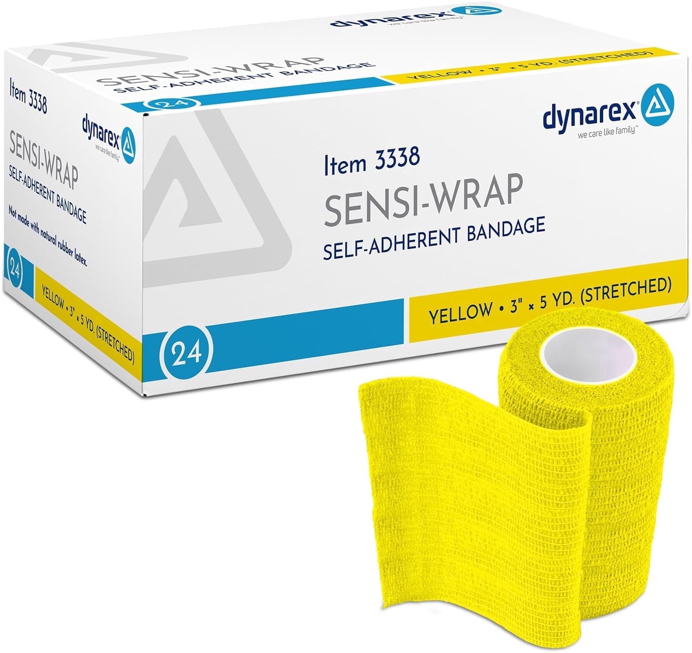Dynarex Sensi-Wrap Self-Adhesive Bandages, 24-Pack, 3" x 5 yards, Yellow, Latex-Free, Colored Elastic Cohesive Athletic Tape, Tattoo Grip & Vet Wrap