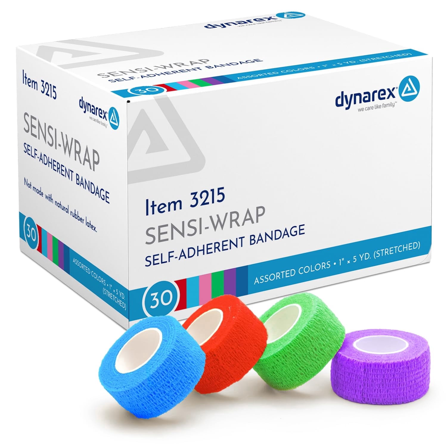 Dynarex Sensi-Wrap Self-Adhesive Bandages, 30-Pack, 1" x 5 yards, Assorted Colors, Latex-Free, Colored Elastic Cohesive Athletic Tape, Tattoo Grip & Vet Wrap