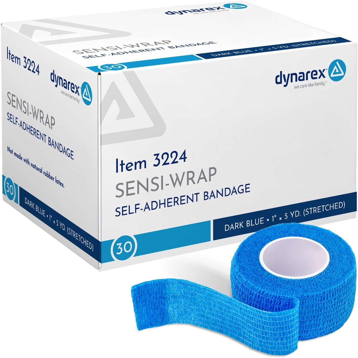 Dynarex Sensi-Wrap Self-Adhesive Bandages, 30-Pack, 1" x 5 yards, Dark Blue, Latex-Free, Colored Elastic Cohesive Athletic Tape, Tattoo Grip & Vet Wrap