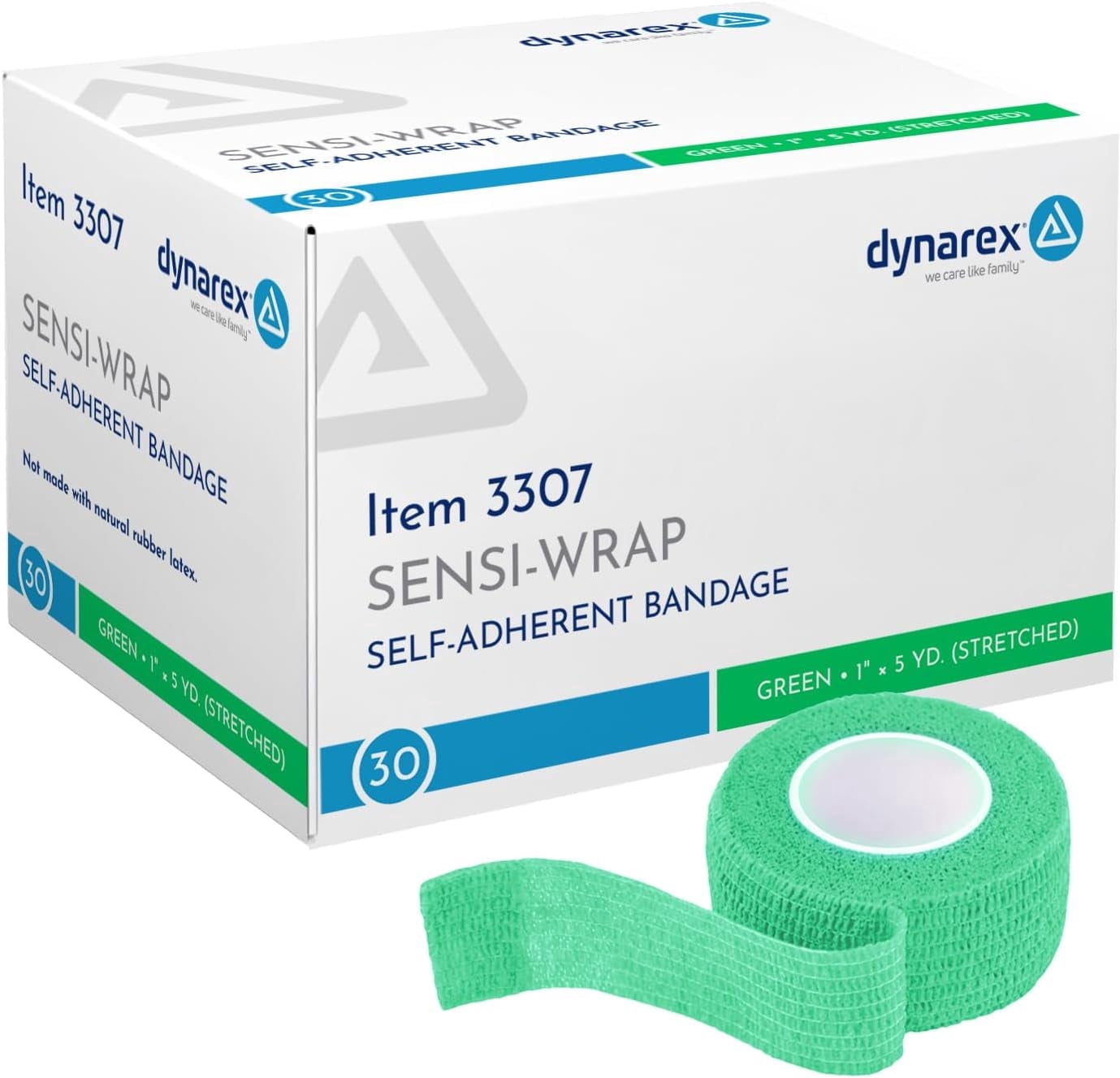 Dynarex Sensi-Wrap Self-Adhesive Bandages, 30-Pack, 1" x 5 yards, Green, Latex-Free, Colored Elastic Cohesive Athletic Tape, Tattoo Grip & Vet Wrap