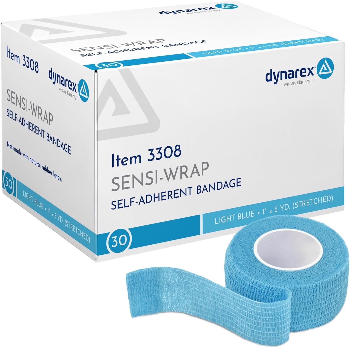 Dynarex Sensi-Wrap Self-Adhesive Bandages, 30-Pack, 1" x 5 yards, Light Blue, Latex-Free, Colored Elastic Cohesive Athletic Tape, Tattoo Grip & Vet Wrap
