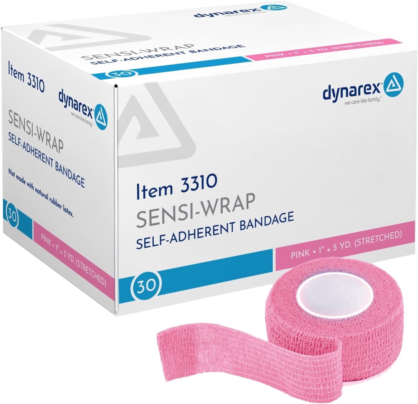 Dynarex Sensi-Wrap Self-Adhesive Bandages, 30-Pack, 1" x 5 yards, Pink, Latex-Free, Colored Elastic Cohesive Athletic Tape, Tattoo Grip & Vet Wrap