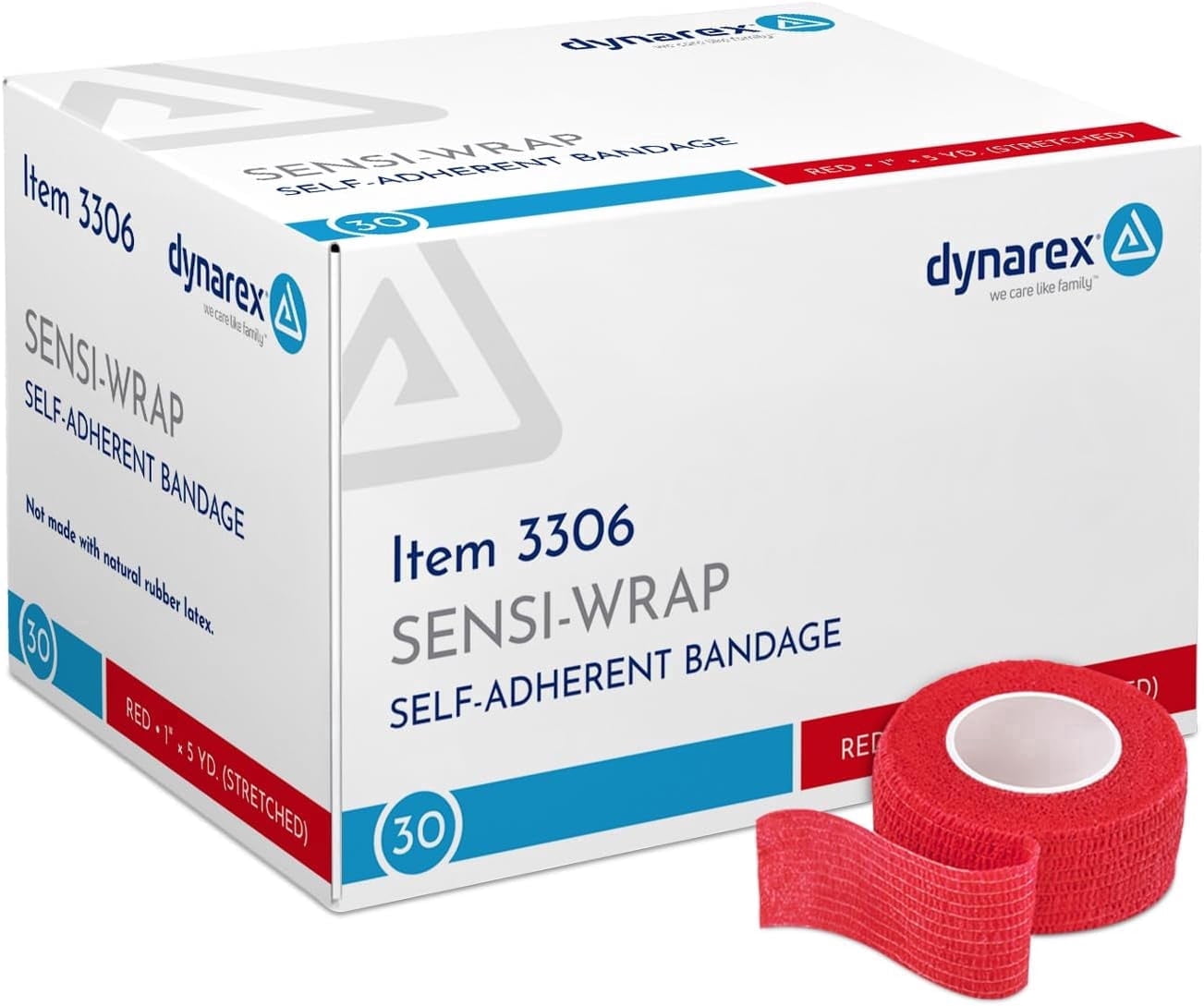 Dynarex Sensi-Wrap Self-Adhesive Bandages, 30-Pack, 1" x 5 yards, Red, Latex-Free, Colored Elastic Cohesive Athletic Tape, Tattoo Grip & Vet Wrap