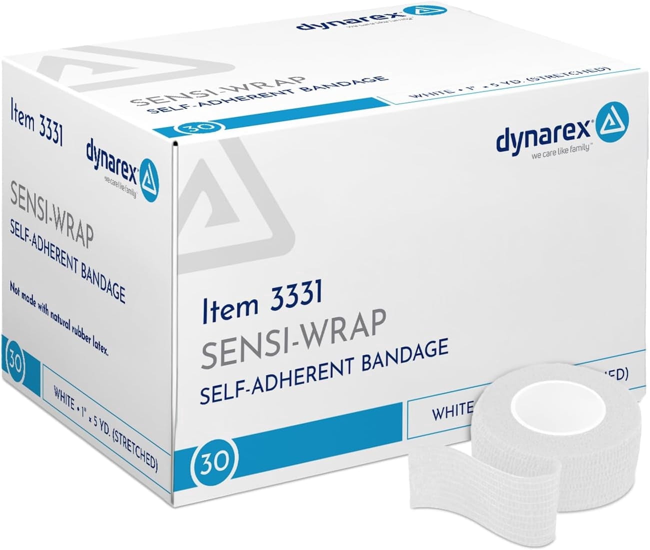 Dynarex Sensi-Wrap Self-Adhesive Bandages, 30-Pack, 1" x 5 yards, White, Latex-Free, Colored Elastic Cohesive Athletic Tape, Tattoo Grip & Vet Wrap