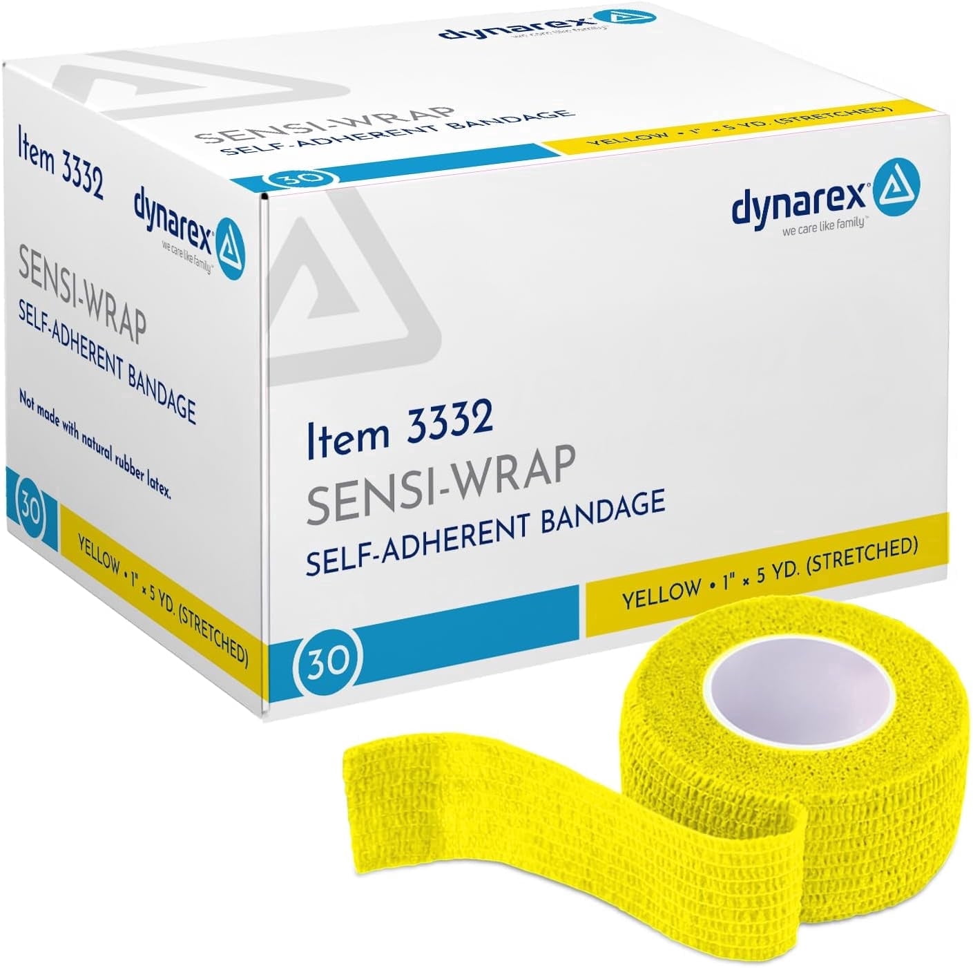Dynarex Sensi-Wrap Self-Adhesive Bandages, 30-Pack, 1" x 5 yards, Yellow, Latex-Free, Colored Elastic Cohesive Athletic Tape, Tattoo Grip & Vet Wrap