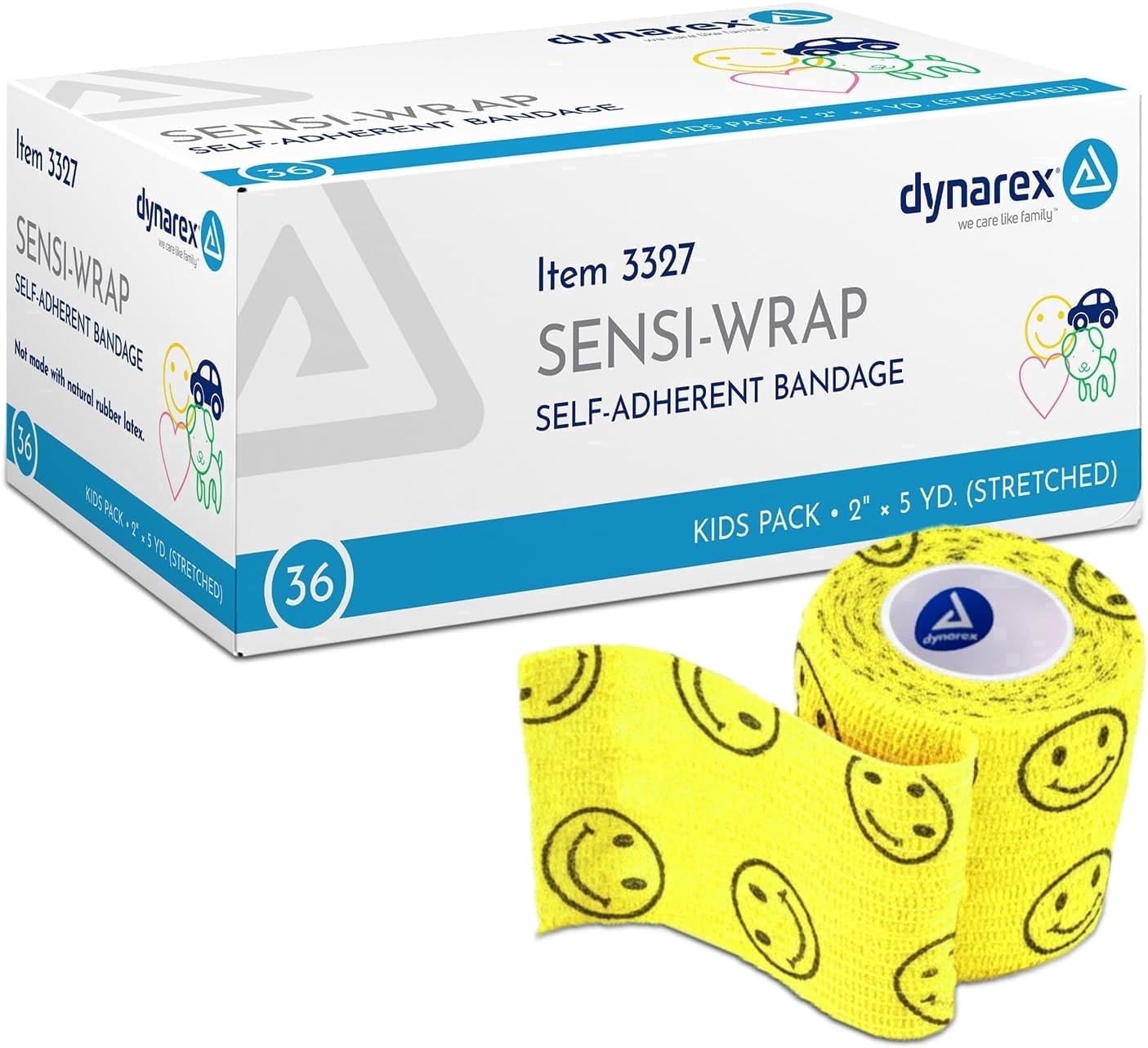 Dynarex Sensi-Wrap Self-Adhesive Bandages, 36-Pack, 2" x 5 yards, Assorted Colors - for Kids, Latex-Free, Colored Elastic Cohesive Athletic Tape, Tattoo Grip & Vet Wrap