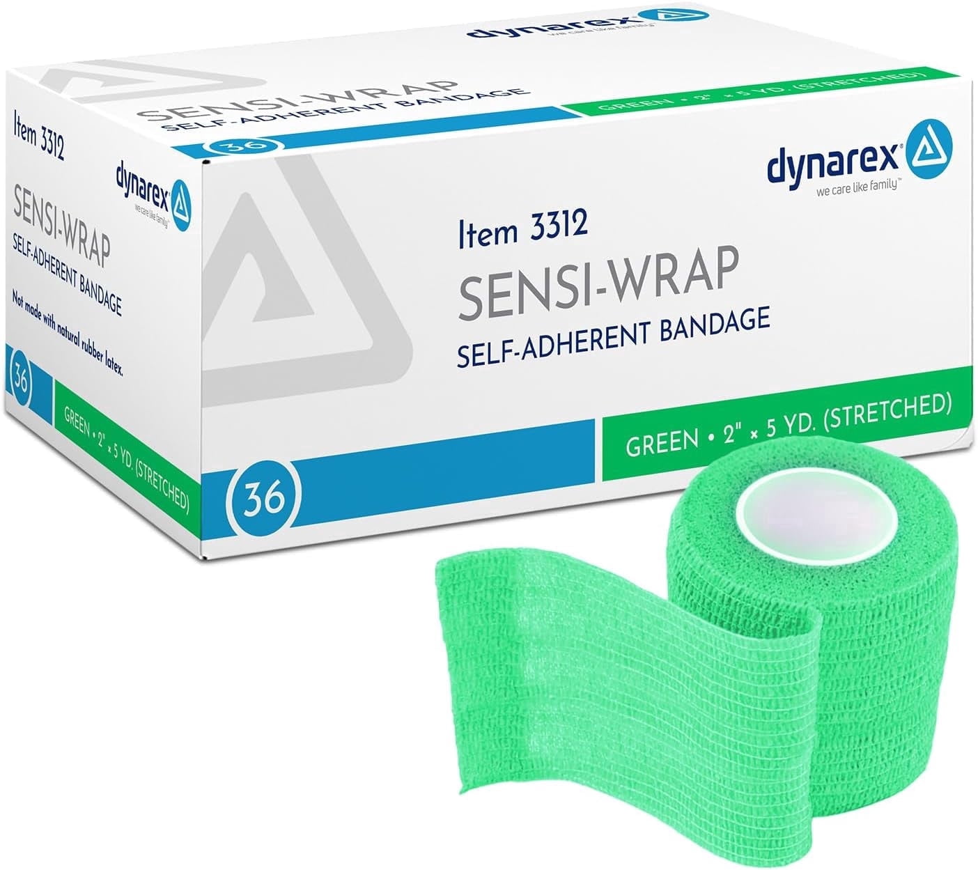 Dynarex Sensi-Wrap Self-Adhesive Bandages, 36-Pack, 2" x 5 yards, Green, Latex-Free, Colored Elastic Cohesive Athletic Tape, Tattoo Grip & Vet Wrap