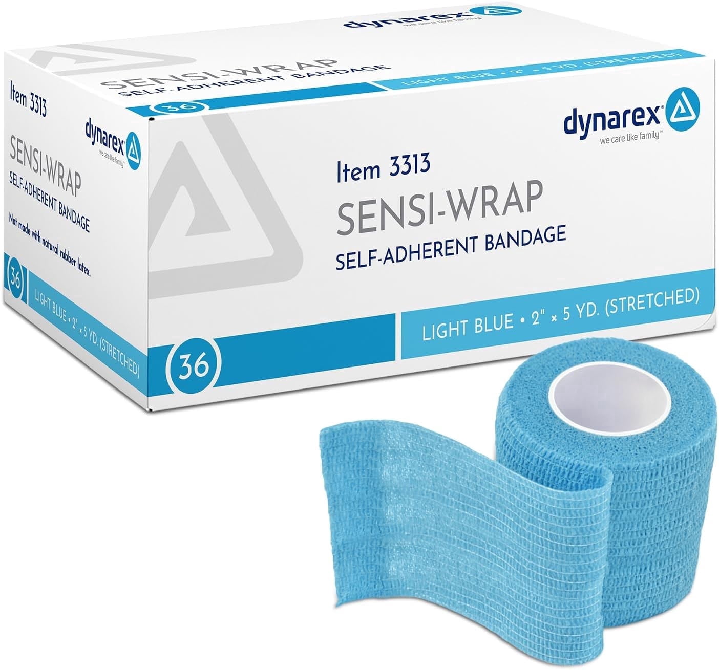Dynarex Sensi-Wrap Self-Adhesive Bandages, 36-Pack, 2" x 5 yards, Light Blue, Latex-Free, Colored Elastic Cohesive Athletic Tape, Tattoo Grip & Vet Wrap