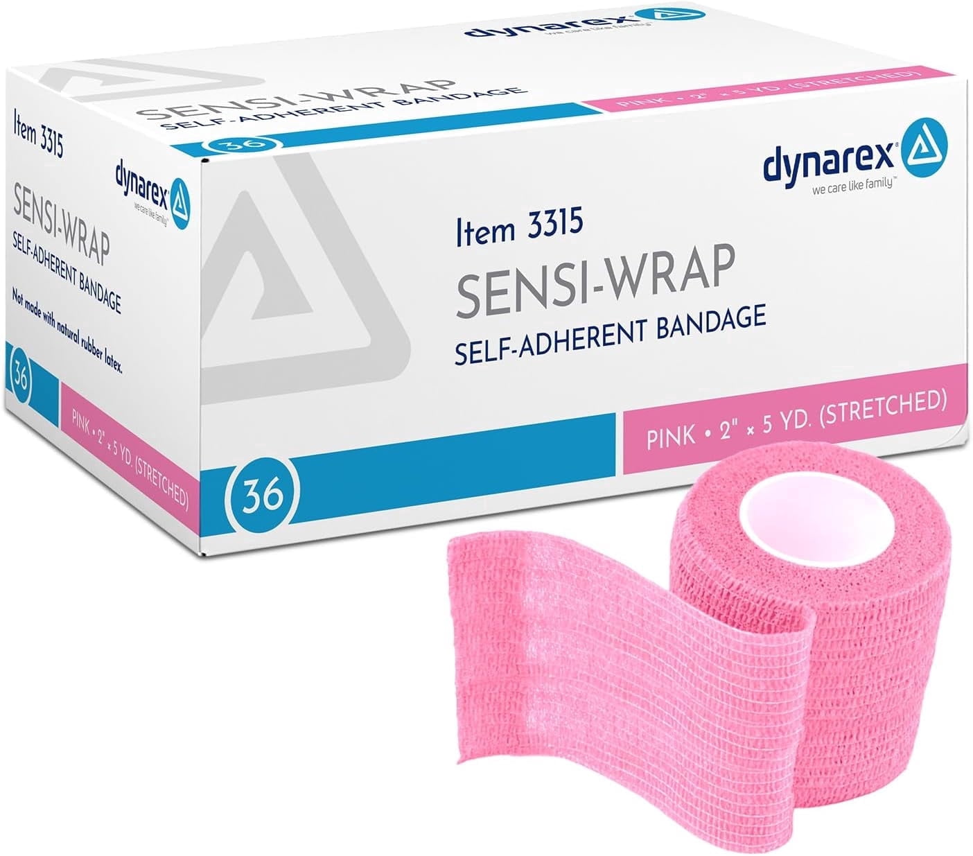 Dynarex Sensi-Wrap Self-Adhesive Bandages, 36-Pack, 2" x 5 yards, Pink, Latex-Free, Colored Elastic Cohesive Athletic Tape, Tattoo Grip & Vet Wrap