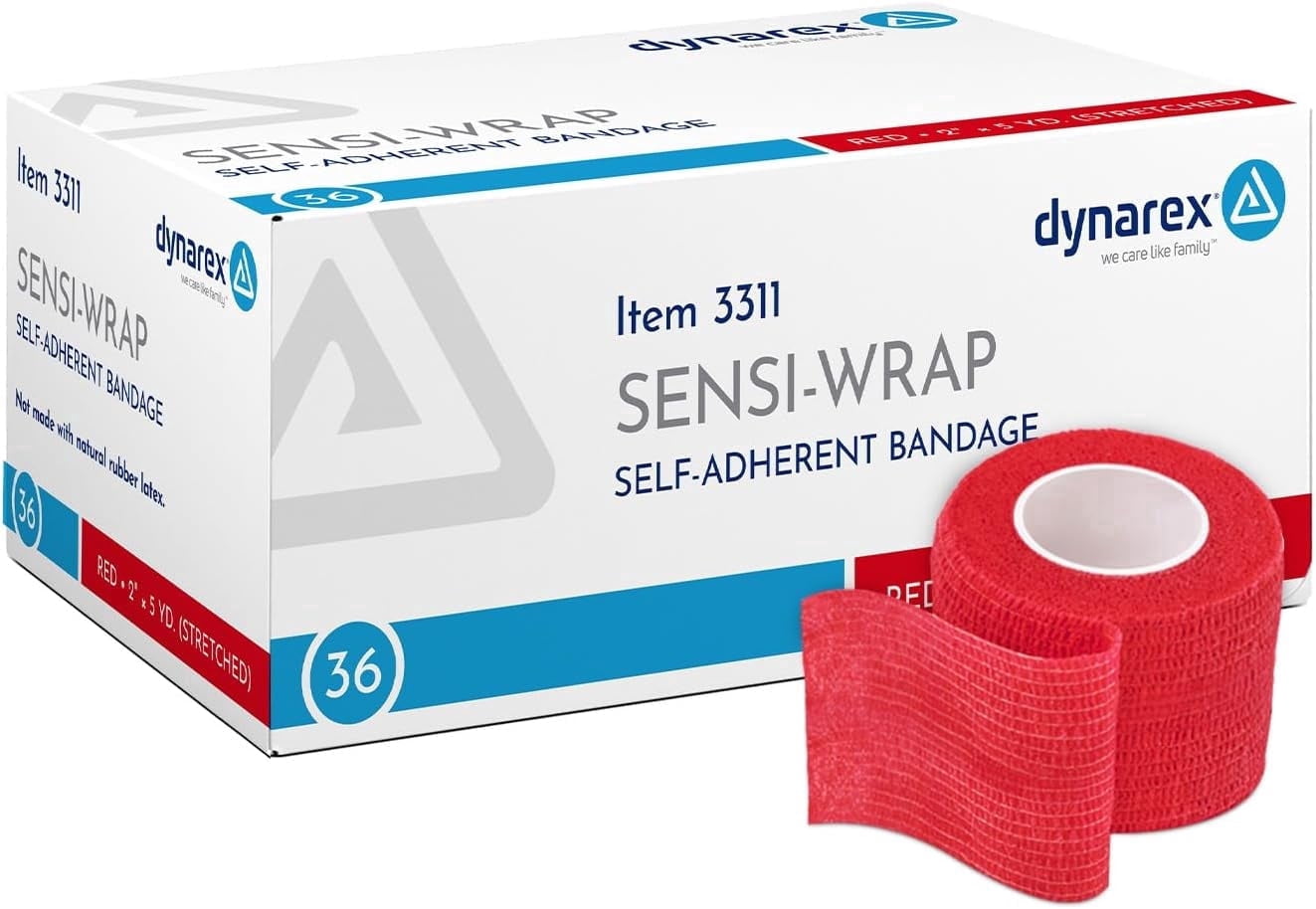 Dynarex Sensi-Wrap Self-Adhesive Bandages, 36-Pack, 2" x 5 yards, Red, Latex-Free, Colored Elastic Cohesive Athletic Tape, Tattoo Grip & Vet Wrap