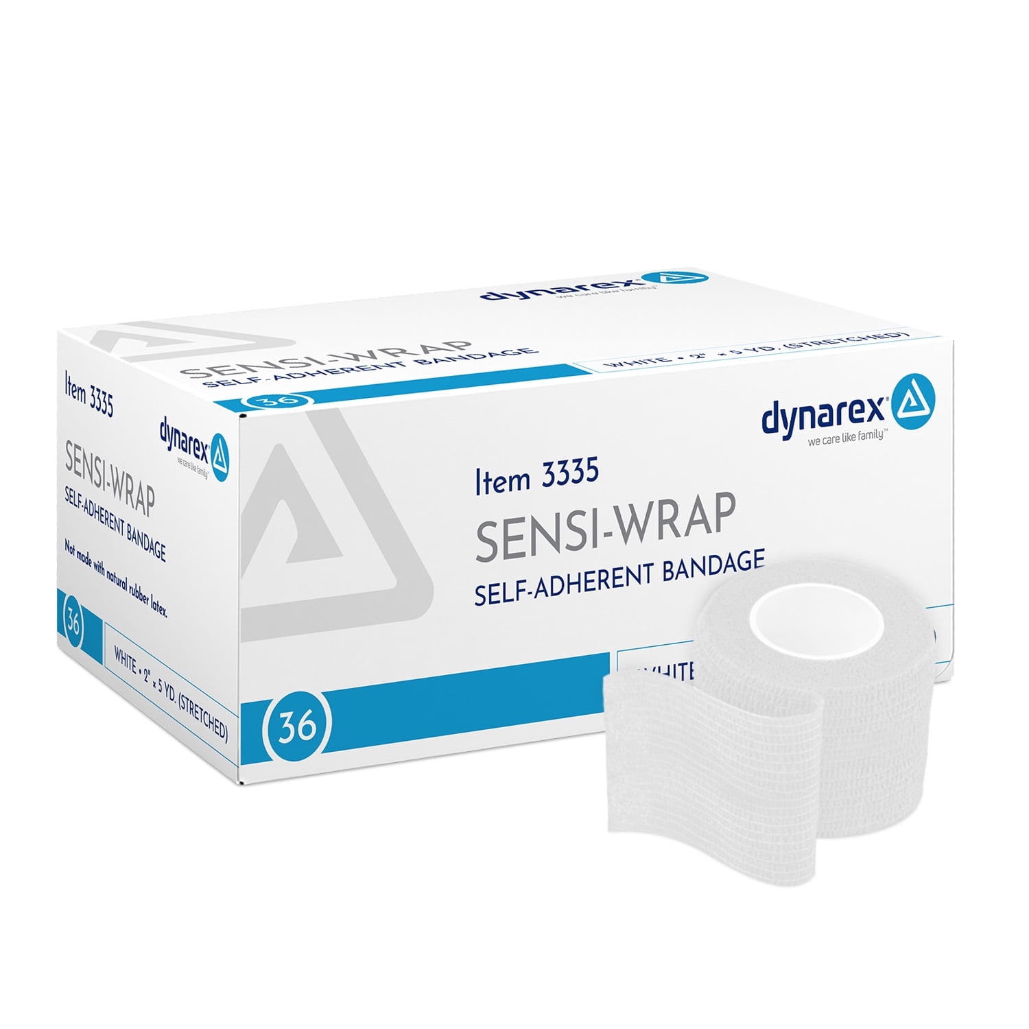Dynarex Sensi-Wrap Self-Adhesive Bandages, 36-Pack, 2" x 5 yards, White, Latex-Free, Colored Elastic Cohesive Athletic Tape, Tattoo Grip & Vet Wrap