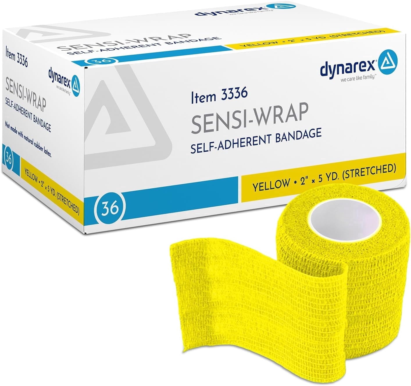 Dynarex Sensi-Wrap Self-Adhesive Bandages, 36-Pack, 2" x 5 yards, Yellow, Latex-Free, Colored Elastic Cohesive Athletic Tape, Tattoo Grip & Vet Wrap