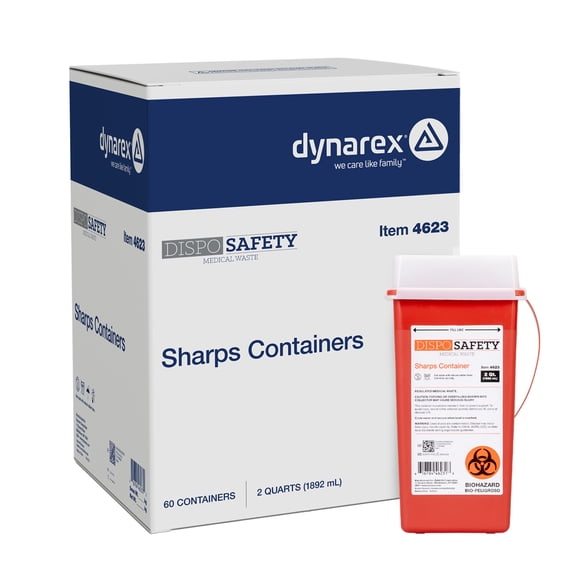 Dynarex Sharps Container, Thermoplastic Container with Translucent Lid, 2 qts, 60 Count
