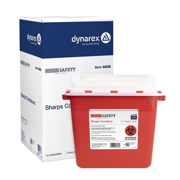 Dynarex Sharps Container, Thermoplastic Container with Translucent Lid, 3 Gallon, 12 Count