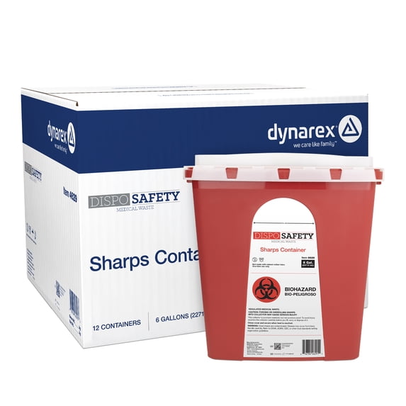 Dynarex Sharps Container, Thermoplastic Container with Translucent Lid, 6 Gallon, 12 Count