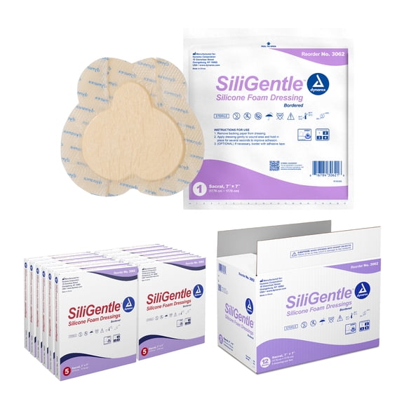 Dynarex SiliGentle Foam Dressings, Advanced Wound Care, Waterproof and Absorbent, 7 x 7 Foam Pad Dressing with Silicone Layer, 1 Case of 60 Adhesive Silicone Foam Dressings