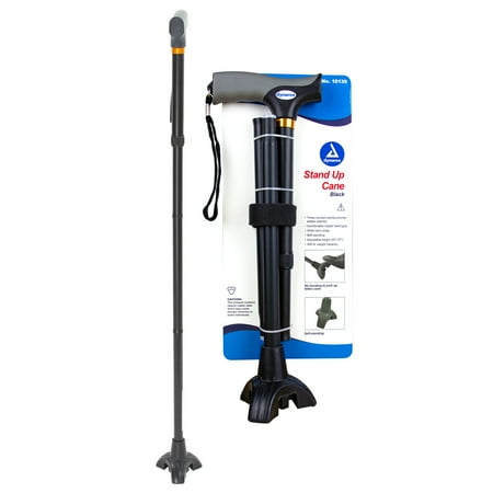 Dynarex Stand-Up Cane, Provides Mobility Support with T-Shaped Handle and 3 Point Base, Foldable, Features Step-Up Design with a Wrist Strap, 300 Pound Weight Capacity, Black, 1 Stand-Up Cane