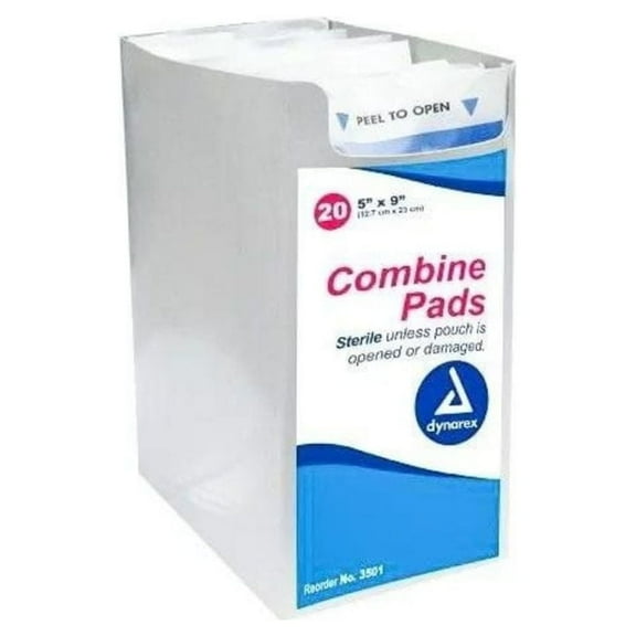 Dynarex Sterile Combine Pads 5 inches x 9 inches Extra Absorbent Surgical 1 Box (20 Pads)