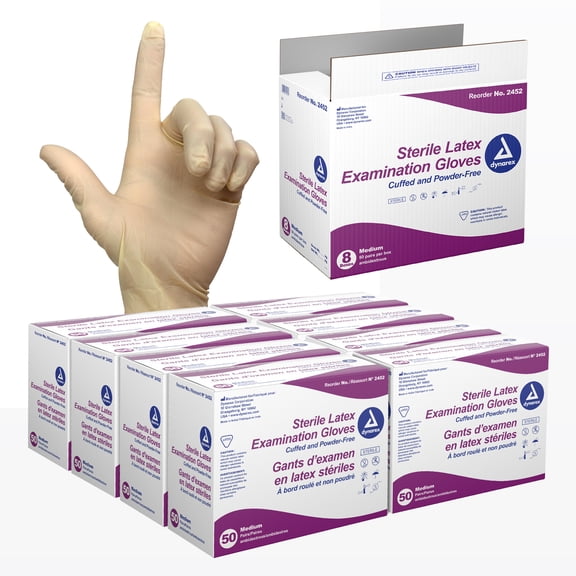Dynarex Sterile Disposable Latex Exam Gloves, Powder-Free, Sterilely Packaged in Pairs, Professional Medical and Healthcare Use, Bisque, Medium - 1 Case, 8 Boxes of 50 Pairs