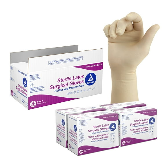 Dynarex Sterile Disposable Latex Surgical Gloves, Powder-Free, Sterilely Packaged in Pairs, Professional Medical & Healthcare Use, Veterinary Clinic, Bisque, Size 7, 1 Case of 200 Pairs of Gloves