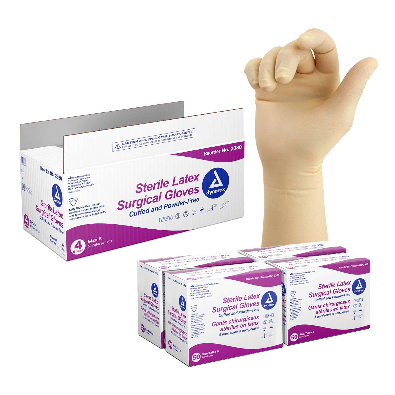 Dynarex Sterile Disposable Latex Surgical Gloves, Powder-Free, Sterilely Packaged in Pairs, Professional Medical & Healthcare Use, Veterinary Clinic, Bisque, Size 8, 1 Case of 200 Pairs of Gloves