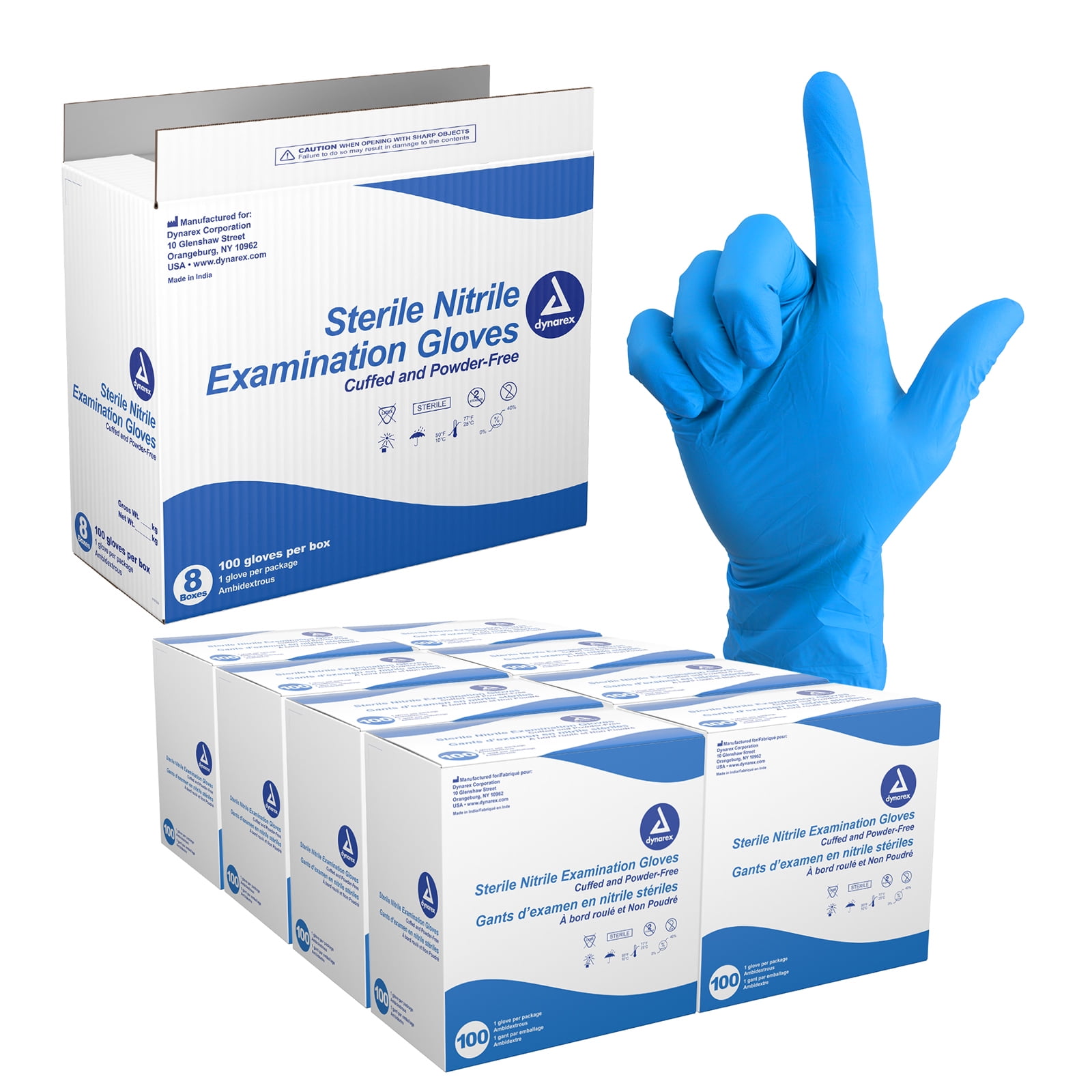 Dynarex Sterile Disposable Nitrile Exam Gloves, Powder-Free, Sterilely Individually Packaged, Textured Palms, Blue, Medium, 1 Case - 8 Boxes of 100
