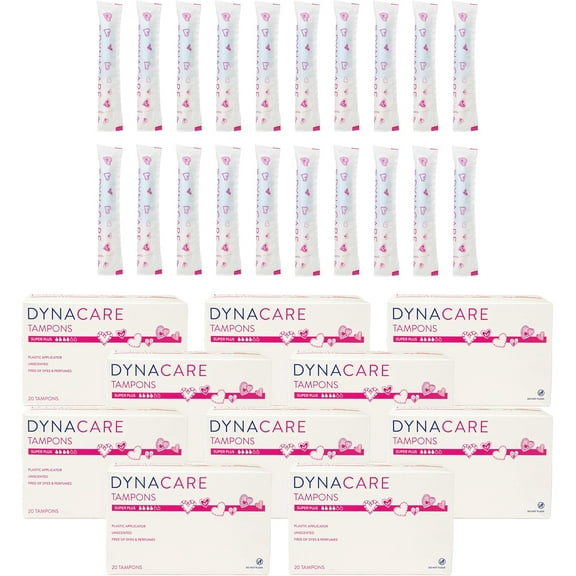 Dynarex Super Plus Tampons Bulk Feminine Hygiene Product with Plastic Applicator 8 Hour Protection 10 Boxes, 200 Total Tampons