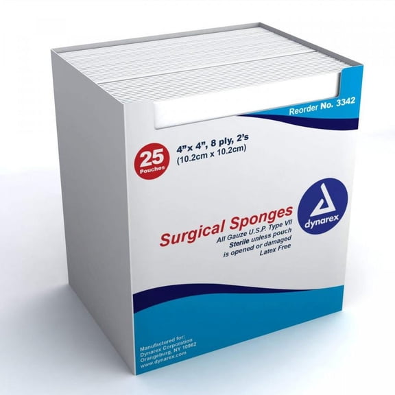 Dynarex Surgical Sponges (4 Inches x 4 Inches) Sterile, 25 Each