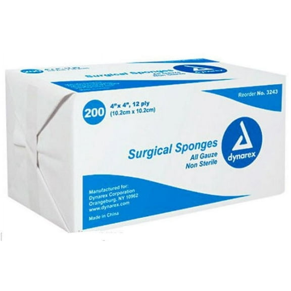 Dynarex Surgical Sponges 4" x 4" 12 Ply All Gauze Non-Sterile 1 Packagesage (200 Pads)