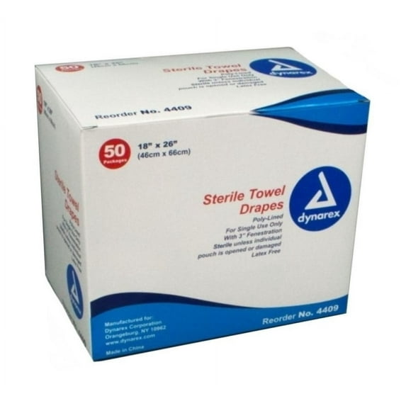 Dynarex Towel Drapes, Sterile, 18 x 26 Inch, Fenestrated - Box of 50