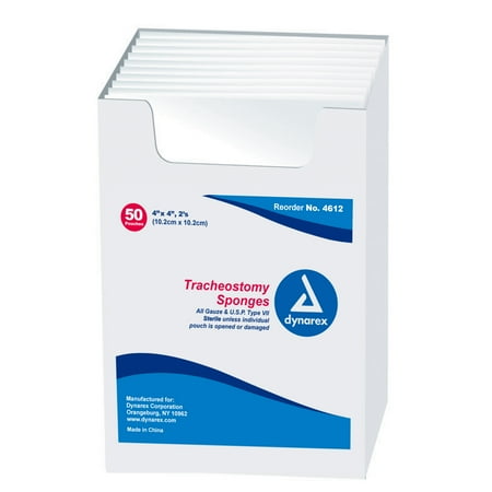Dynarex Tracheostomy Sponge Gauze 4612, 4 x 4 Inch, 12 Ply, Box of 50, White