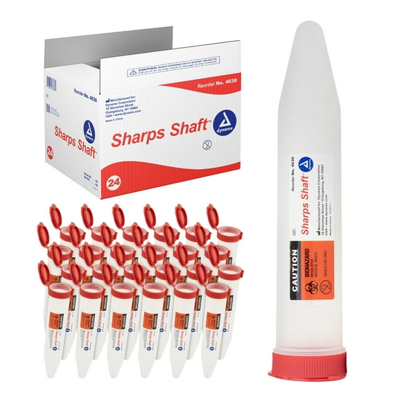 Dynarex Transportable Sharps Container - Small Sharps Shafts - Secure Snap-On Leakproof Caps - 6.37" x 1.47" x 3.46 Needle Disposal Containers - Case of 24