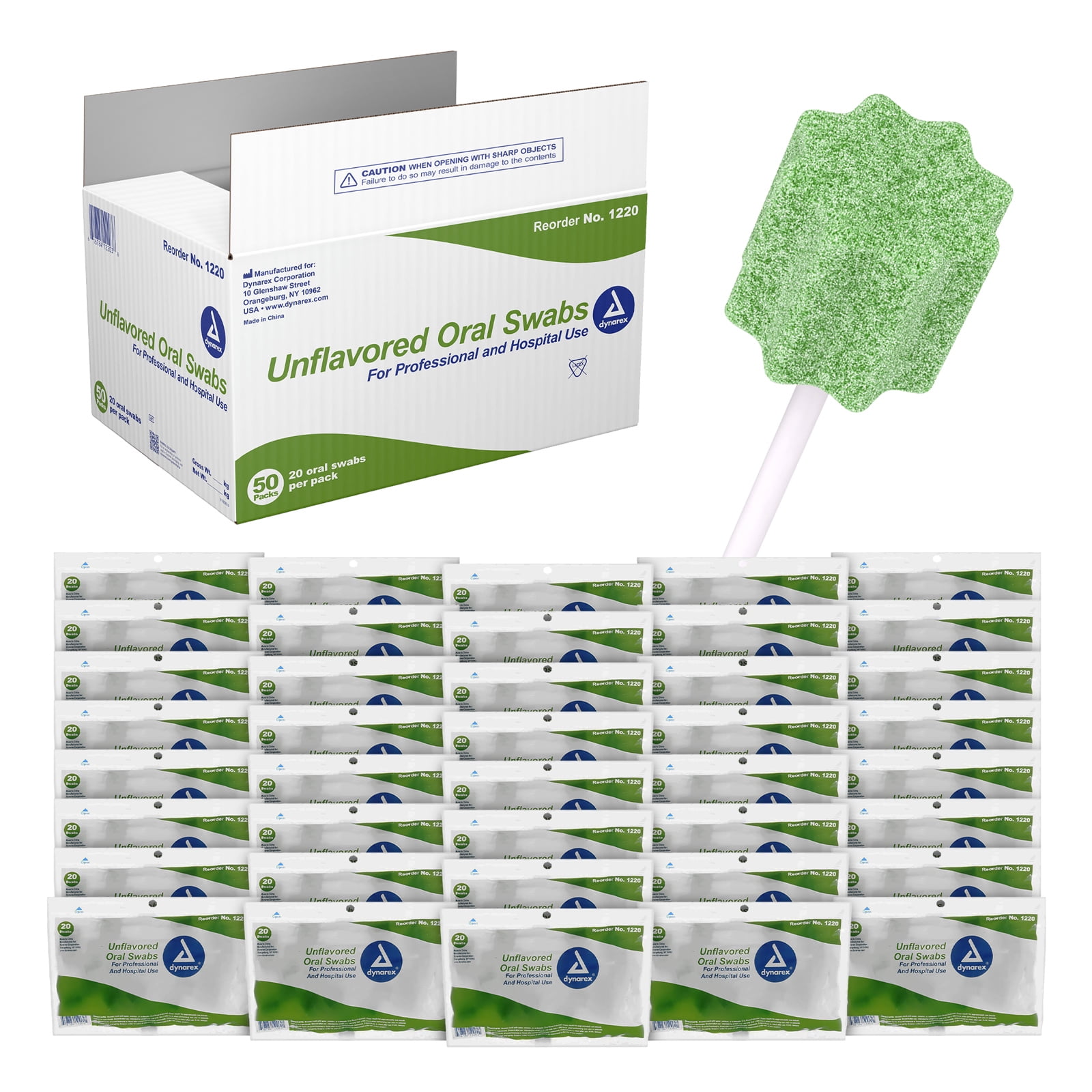 Dynarex Unflavored Oral Swabsticks, Swabs that Gently Clean, Moisten, and Refresh Mouth, Teeth, and Gums, 20 Swabsticks per Pack, 50 Packs
