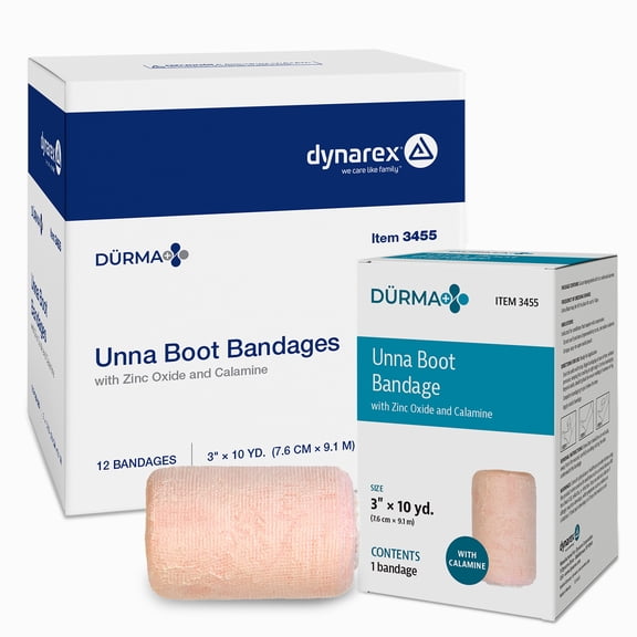 Dynarex Drma+ Unna Boot Bandages with Zinc Oxide and Calamine - Provides Compression with Soothing Formula for Leg Ulcers, Edema, Sprains - 3" x 10 yds - Case of 12 Rolls