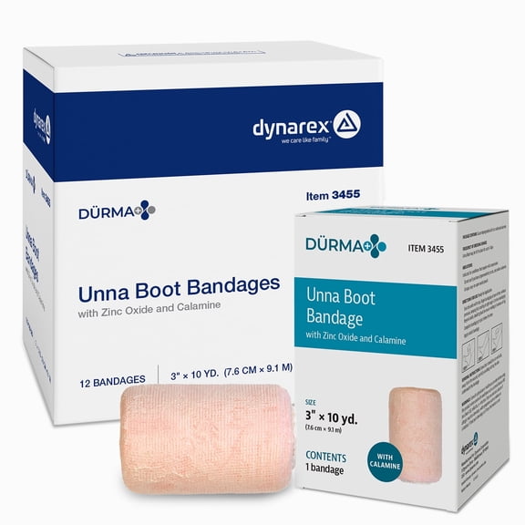 Dynarex Dürma+ Unna Boot Bandages with Zinc Oxide and Calamine - Provides Compression with Soothing Formula for Leg Ulcers, Edema, Sprains - 3" x 10 yds - Case of 12 Rolls