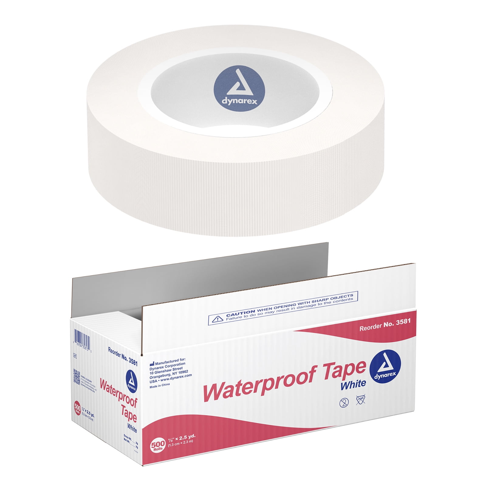 Dynarex Waterproof Adhesive Tape - High-Tensile, Strong Adhesive, Non-Sterile - No Rubber Latex & DEHP - 1/2” x 2.5 Yards - 500 Rolls per Bulk Case