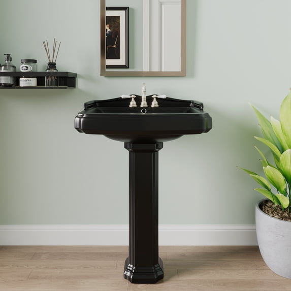 Dynasty 26 3/4 in. Tall Black Vitreous China Rectangular Pedestal Combo Bathroom Sink with Overflow and 3 Faucet Holes