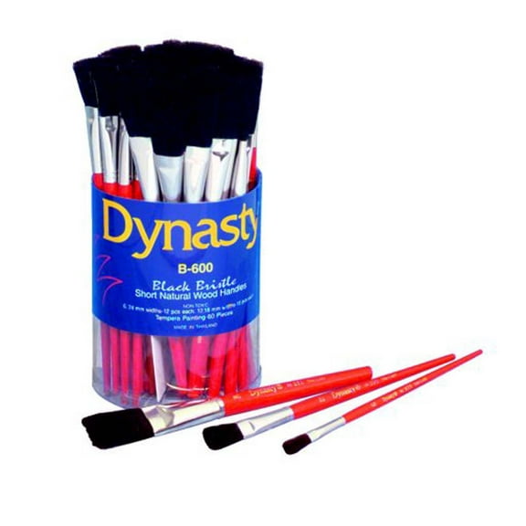 Dynasty B-600 Cylinder Black Bristle Short Wood Handle Paint Brush Set, Assorted Size, Natural, Set of 60