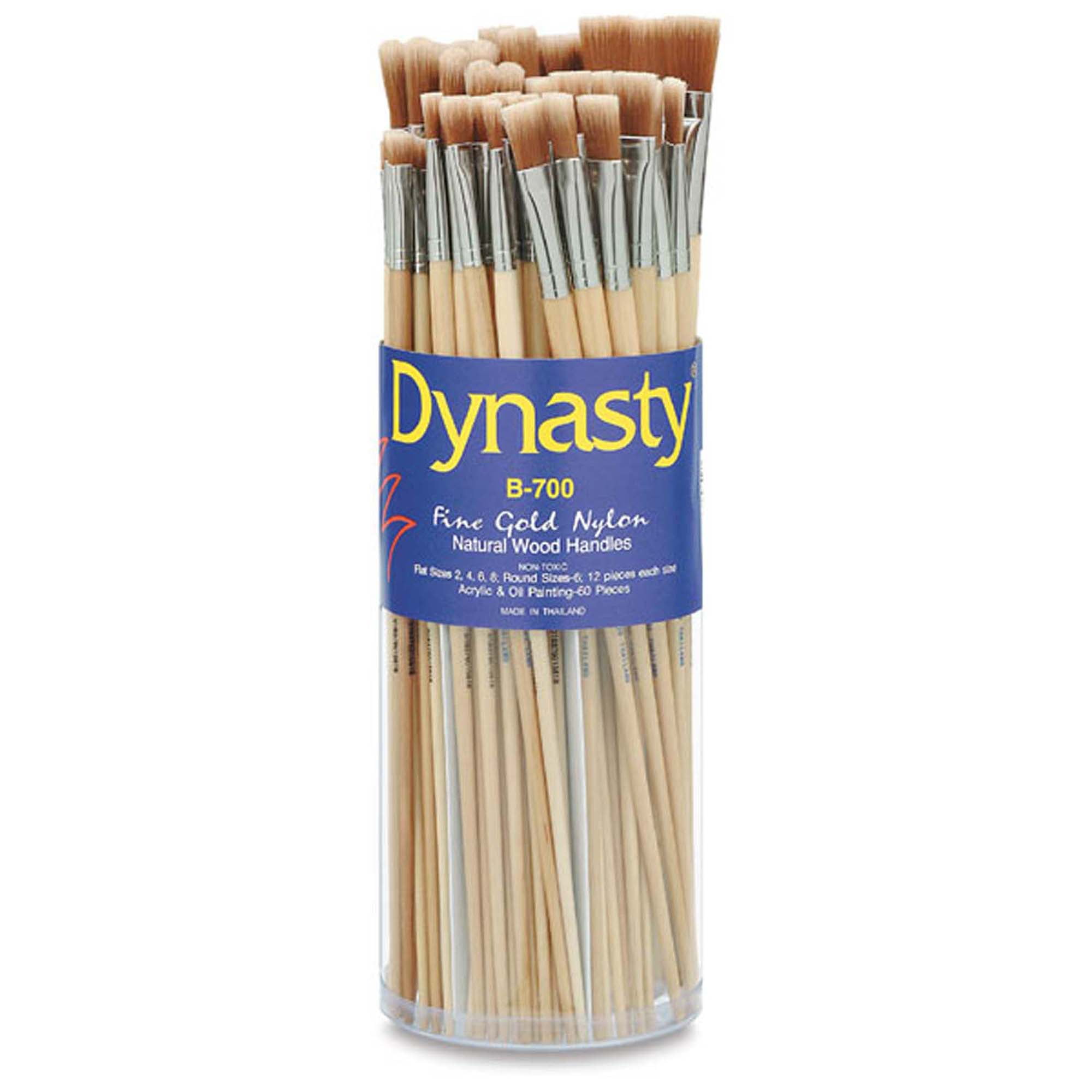 Dynasty® B-700 Cylinder Fine Gold Nylon Wood Handle Long Handle Paint Brush Set, Assorted Size, Natural, Set of 60