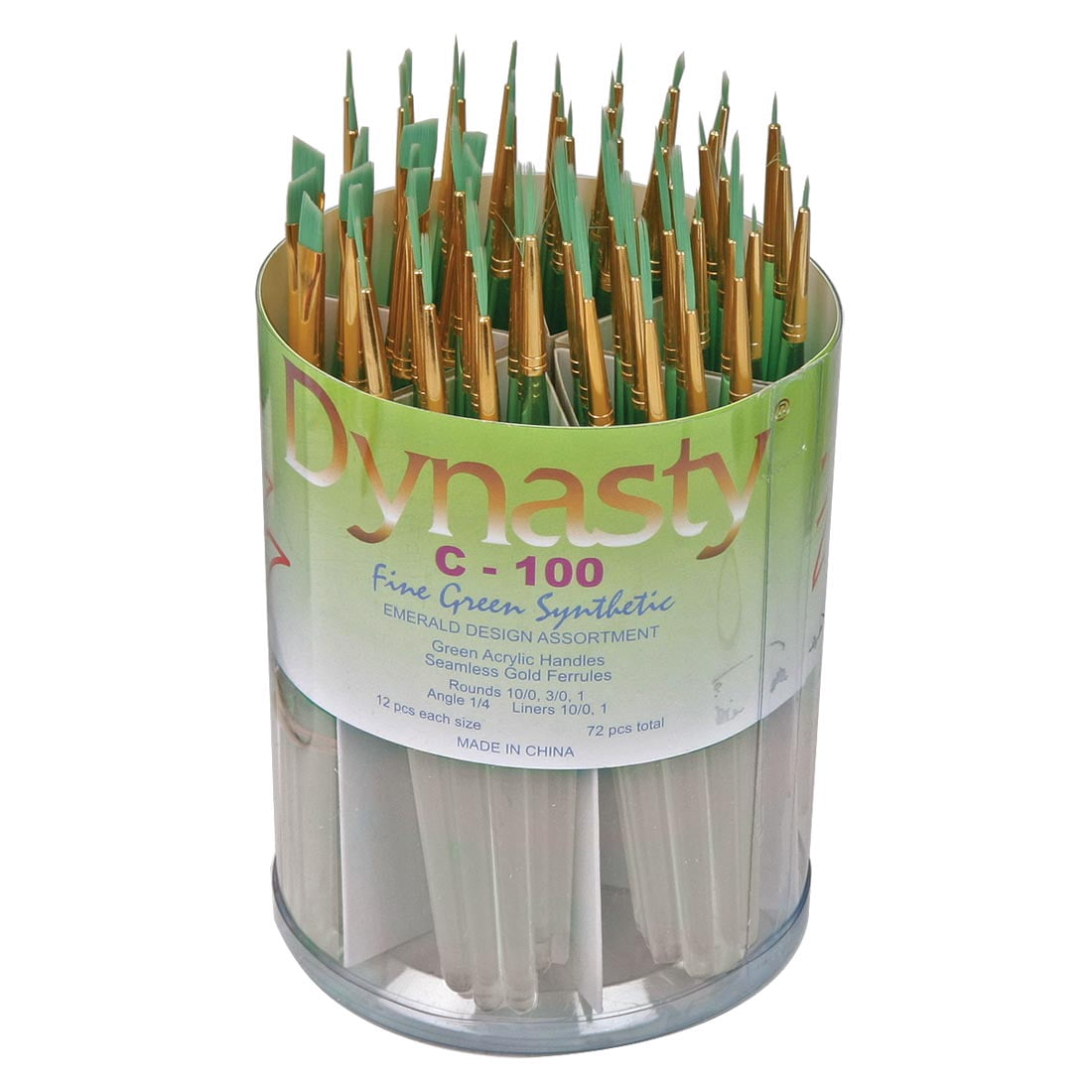 Dynasty C-100 Detail Fine Green Synthetic Short Acrylic Handle Paint Brush Assortment, Assorted Size, Clear, Pack of 72